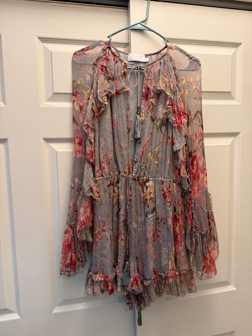 Zimmermann Gray Floral Ruffle Long-Sleeve romper 2